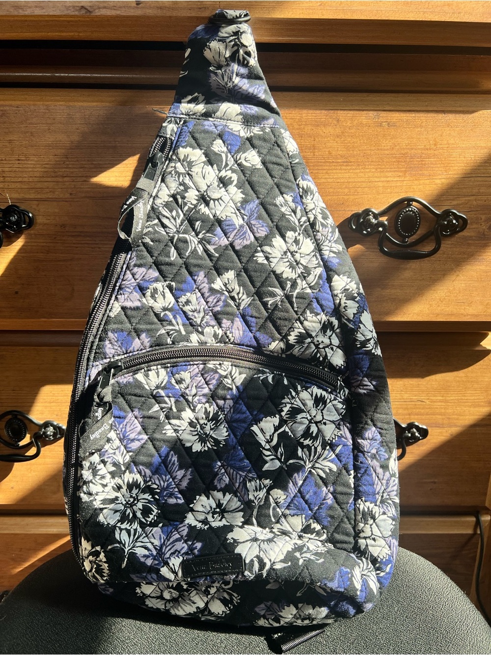 Vera Bradley Quilted Floral Sling Bag in Black, White & Purple